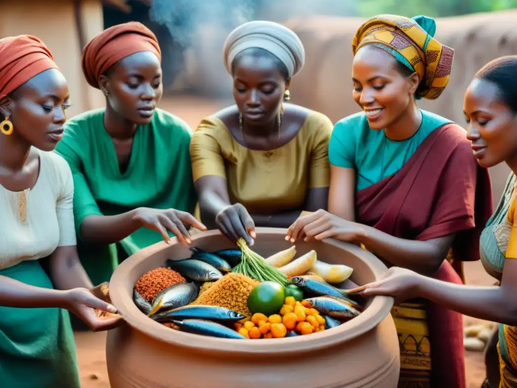 Un grupo de mujeres en trajes africanos tradicionales alrededor de una olla de alimentos conservados, mostrando las tradiciones culinarias de África