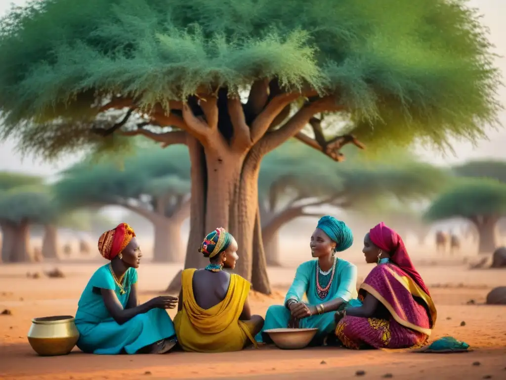 Grupo de mujeres en el Sahel discutiendo bajo baobab, niños jugando