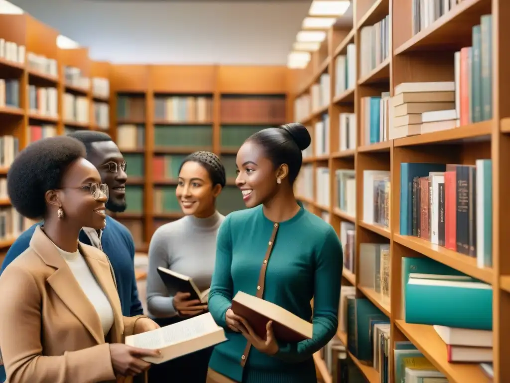 Grupo multicultural de estudiantes discutiendo animadamente literatura africana en biblioteca acogedora