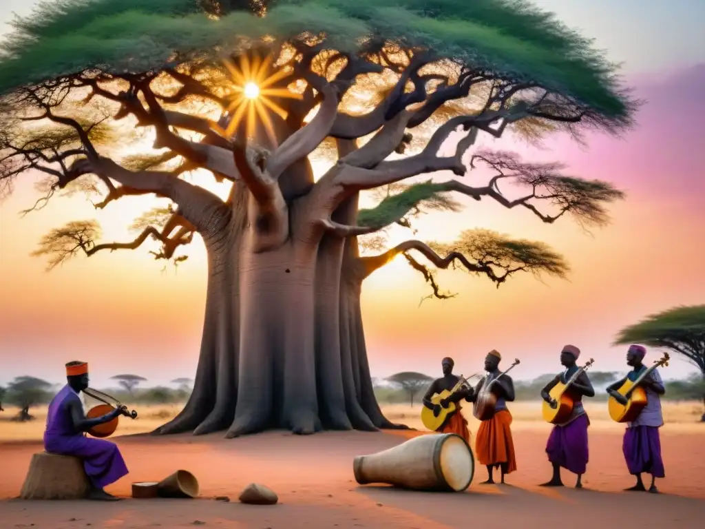 Grupo musical africano tocando bajo un baobab al atardecer, con vestimenta tradicional y paisaje africano de fondo