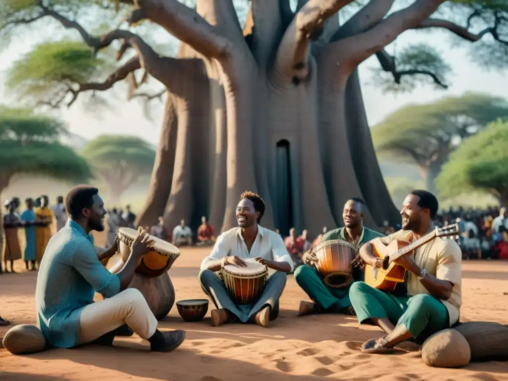 Un grupo de músicos africanos apasionados tocando instrumentos tradicionales bajo un baobab, rodeados de una multitud diversa