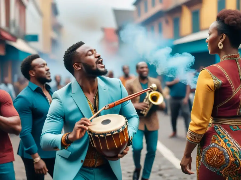 Un grupo de músicos africanos apasionados interpretando en la calle, rodeados de una diversa audiencia, en un acto de música como protesta en África