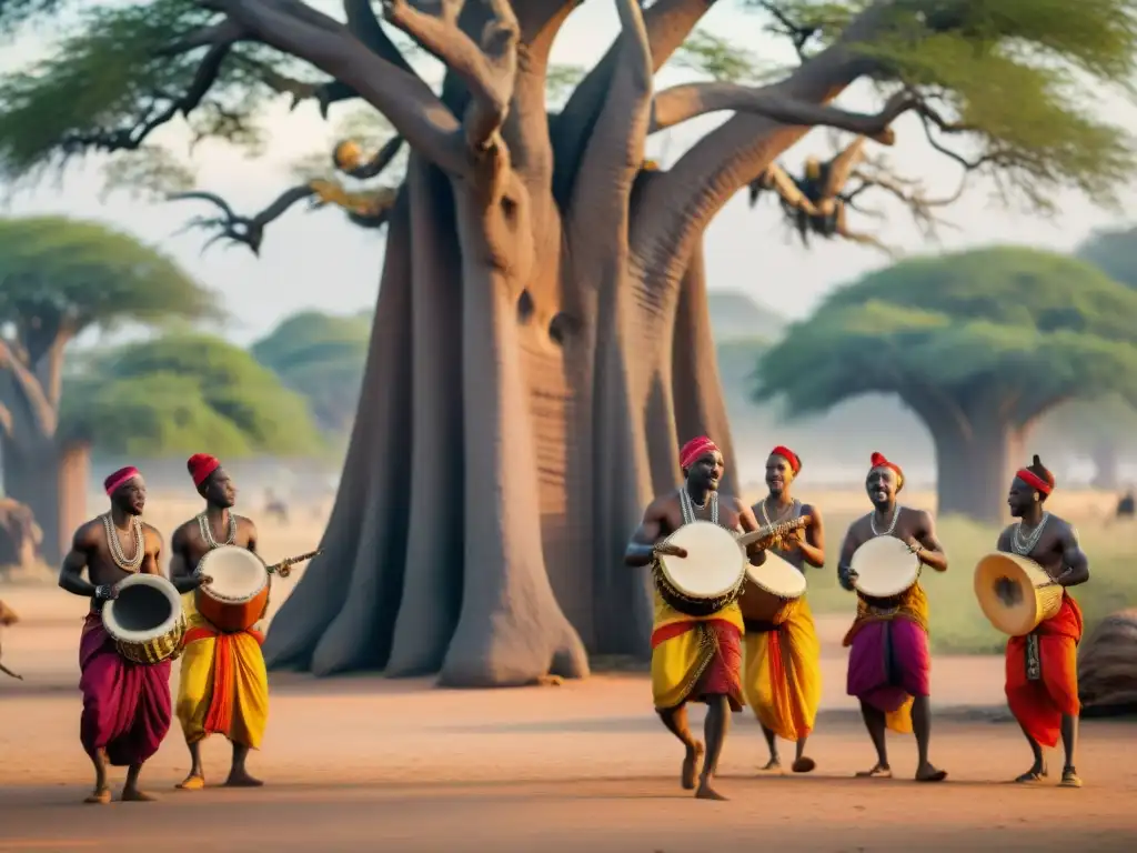 Grupo de músicos africanos y bailarines bajo baobab, preservación de tradiciones africanas a través de música y danza