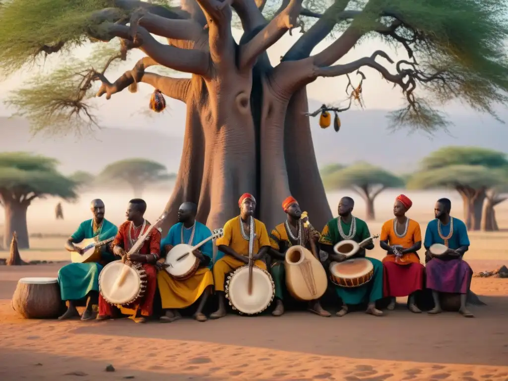 Un grupo de músicos africanos tocan bajo un baobab, mientras una diversa audiencia los escucha con atención al atardecer