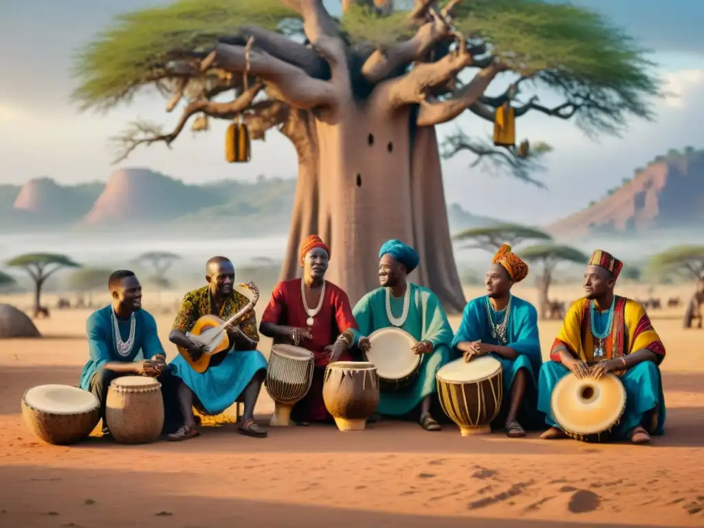 Un grupo de músicos africanos bajo un baobab, influenciados por movimientos políticos, creando música con pasión y orgullo cultural