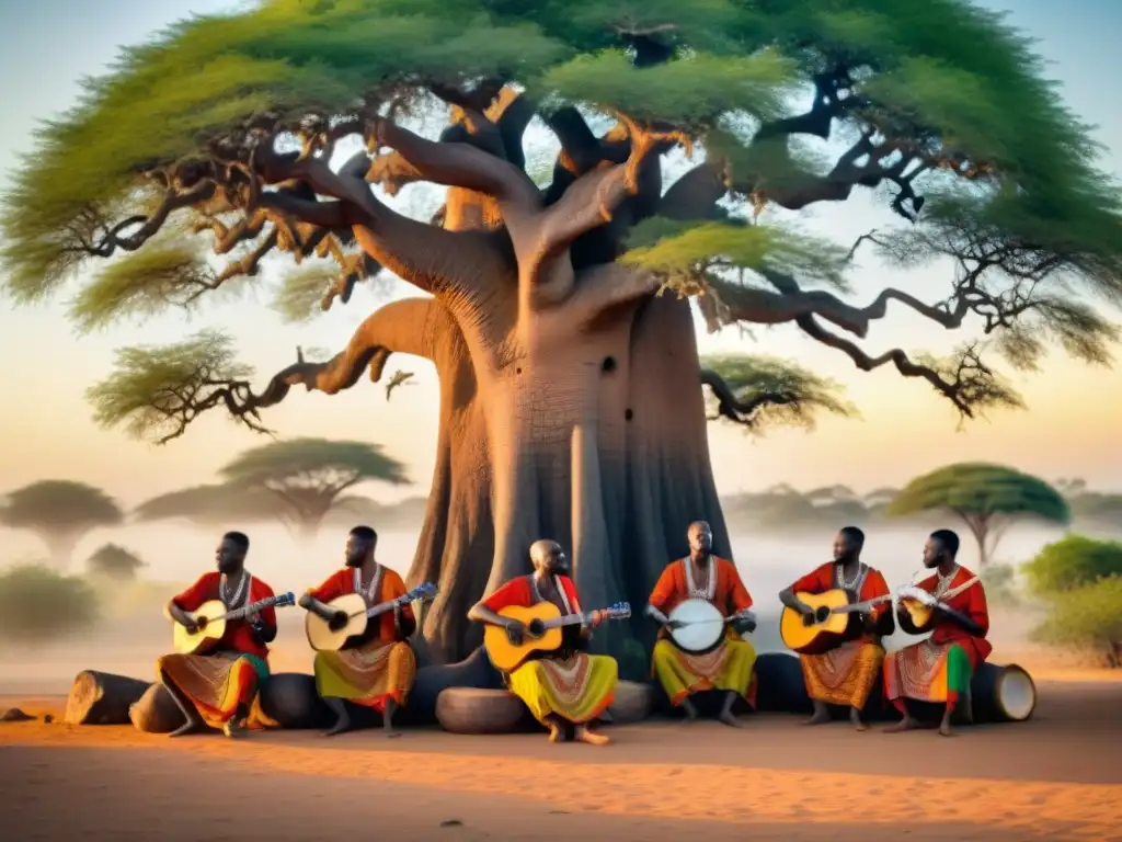 Un grupo de músicos africanos tocan bajo un Baobab al atardecer, transmitiendo pasión y unidad en la lucha contra el cambio climático