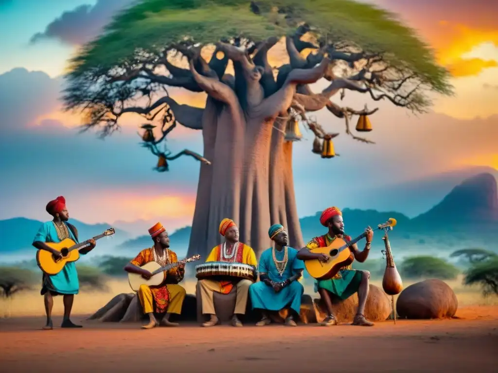 Grupo de músicos africanos tocando bajo un baobab al atardecer