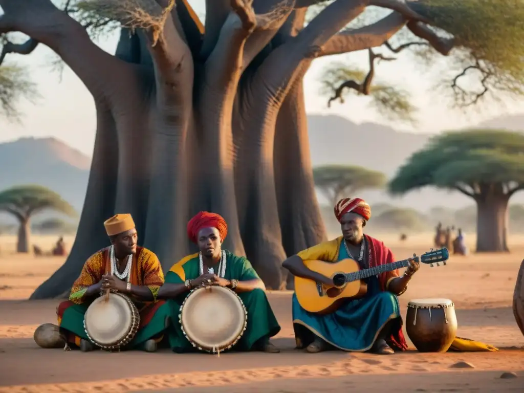 Grupo de músicos africanos tocando bajo un baobab al atardecer, reflejando la importancia de la música en la resistencia cultural africana