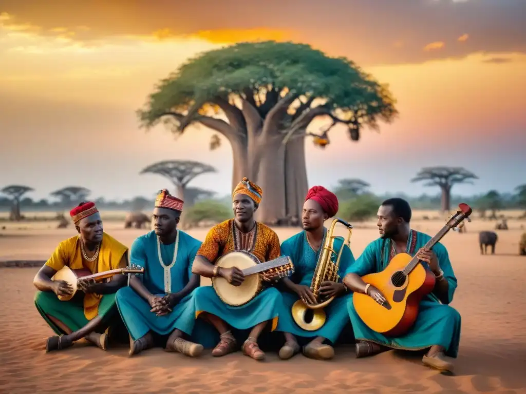 Un grupo de músicos africanos tocando bajo un baobab al atardecer, capturando la resiliencia y la belleza de la música africana