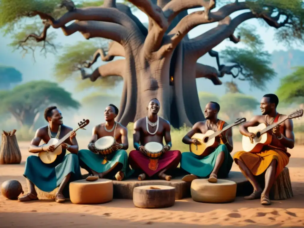 Grupo de músicos africanos tocando bajo un baobab en una escena vibrante de músicoterapia africana arte sanación