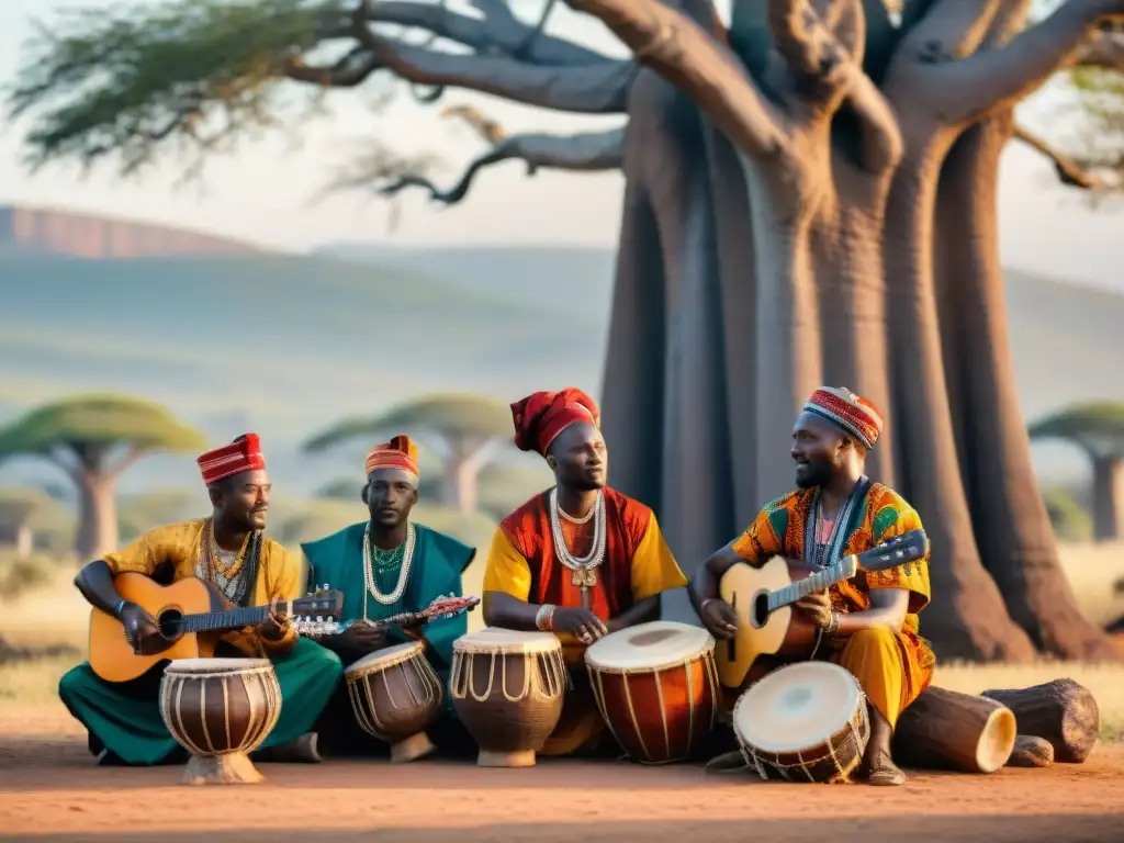 Grupo de músicos africanos tocando bajo un baobab, con trajes coloridos y patrones tradicionales