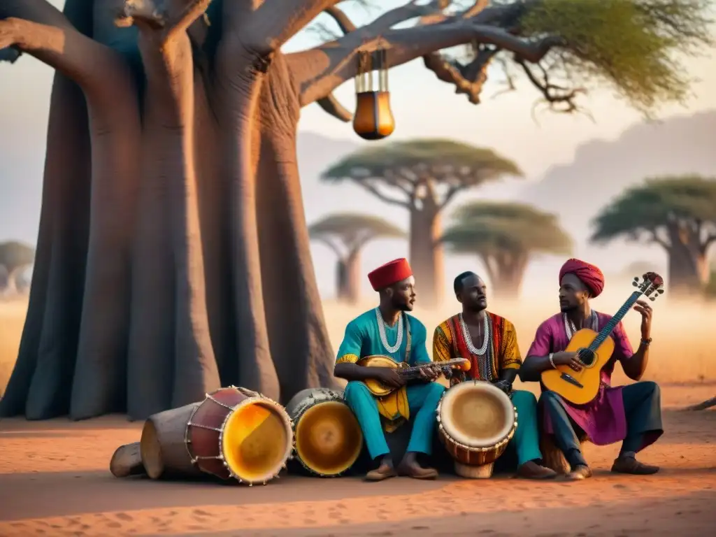 Grupo de músicos africanos tocando bajo un Baobab al atardecer, capturando la esencia de la música sagrada en África