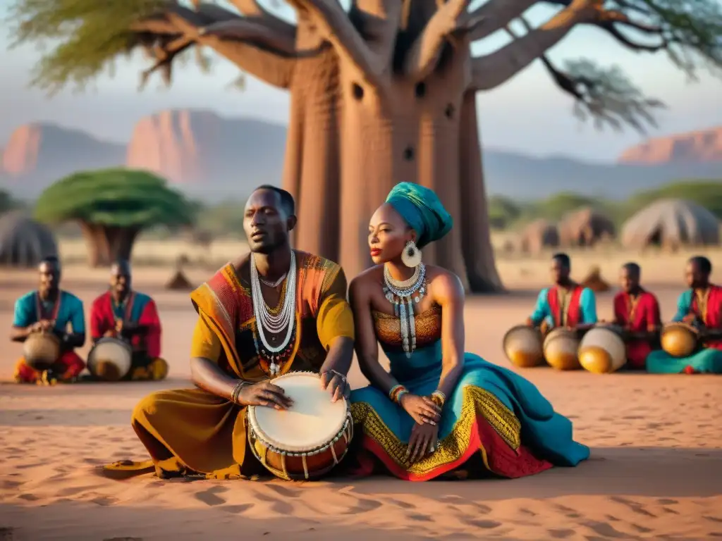 Un grupo de músicos africanos bajo un baobab tocando instrumentos tradicionales, rodeados de bailarines coloridos