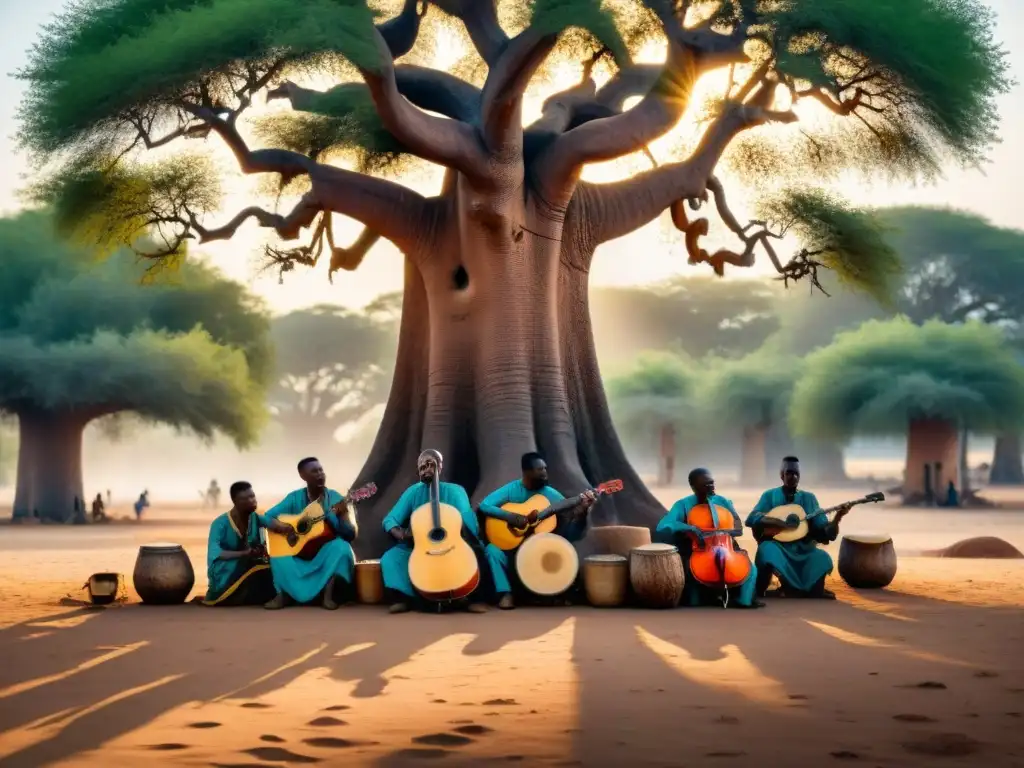 Grupo de músicos africanos tocando bajo un baobab, rodeados de ropa tradicional y niños curiosos