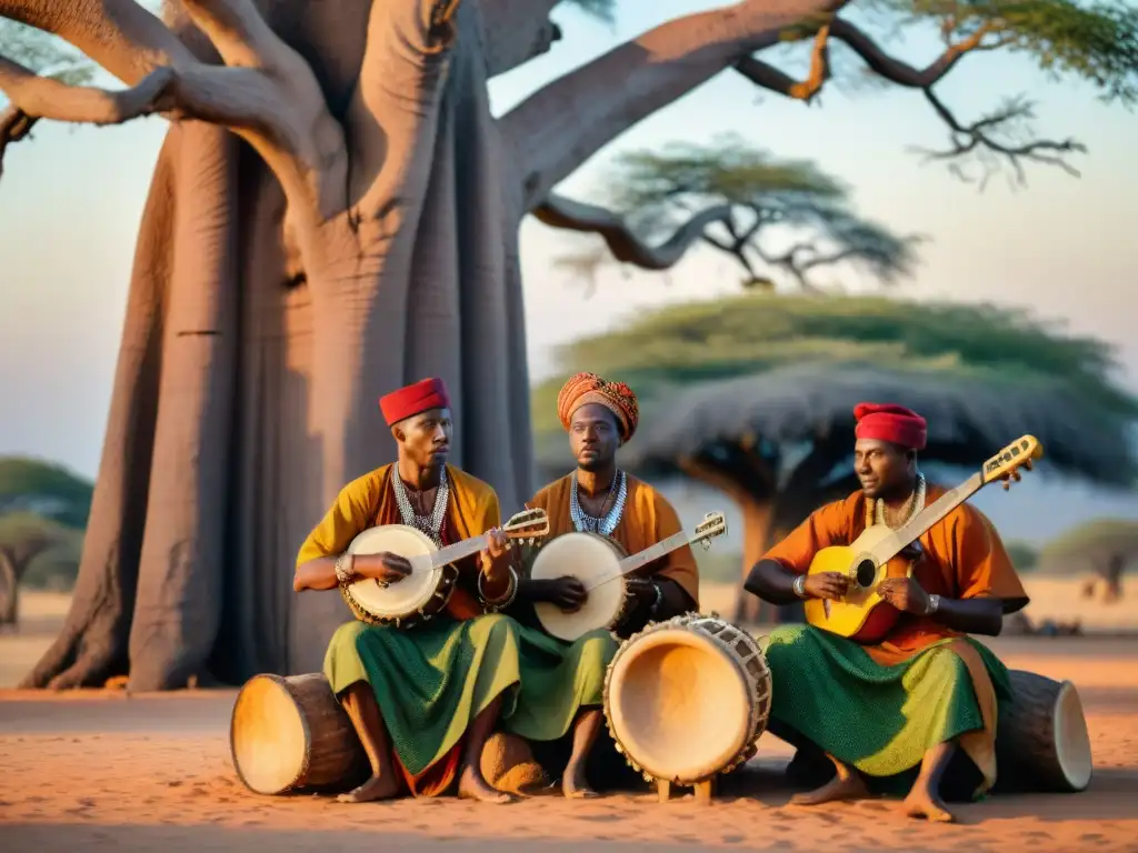 Grupo de músicos africanos tocando bajo un baobab al atardecer