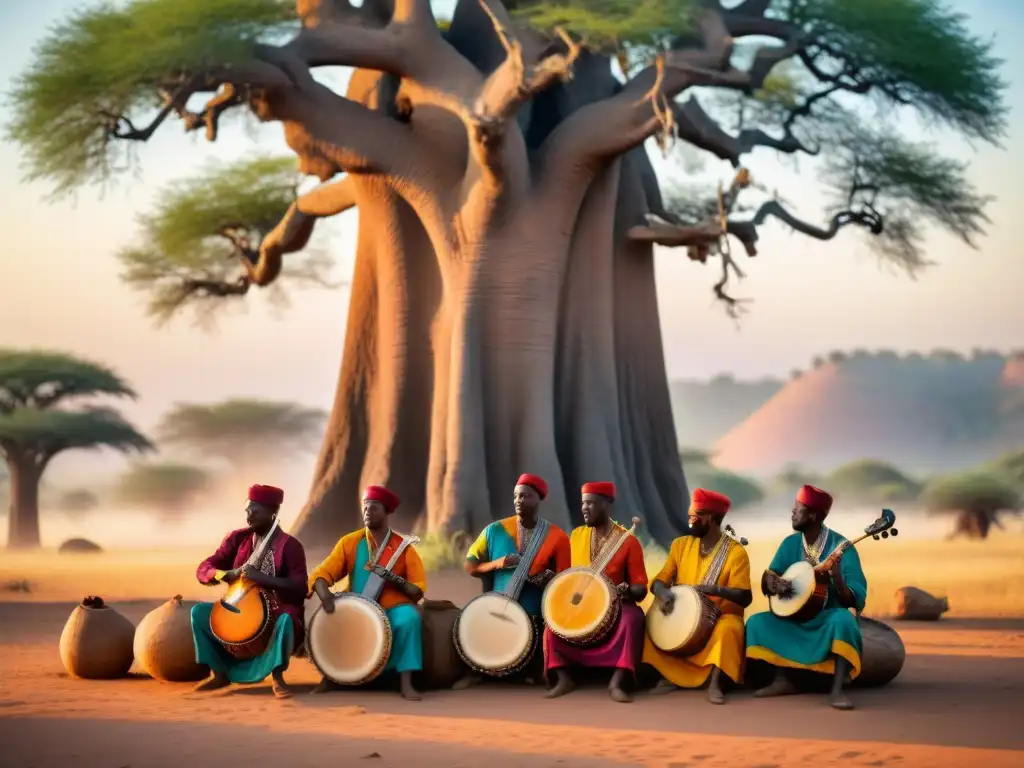 Un grupo de músicos africanos tocando bajo un baobab al atardecer, rodeados de comunidad y alegría