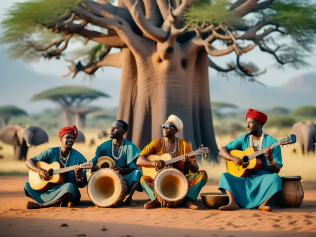 Grupo de músicos africanos tocando bajo un baobab, reflejando la influencia de la música africana en la tecnología moderna