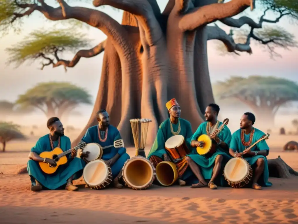 Grupo de músicos africanos tocando bajo un baobab al atardecer