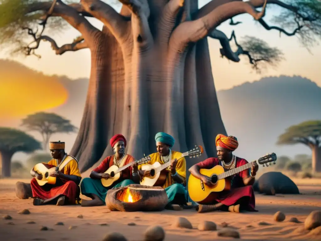 Un grupo de músicos africanos toca bajo un baobab al atardecer, transmitiendo la riqueza de la música africana ancestral tradición tecnología