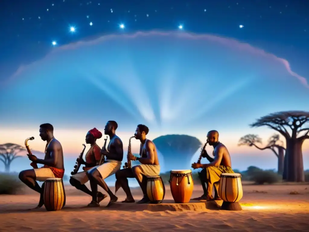 Grupo de músicos africanos tocando kora y djembe bajo un cielo estrellado, rodeados de gente diversa