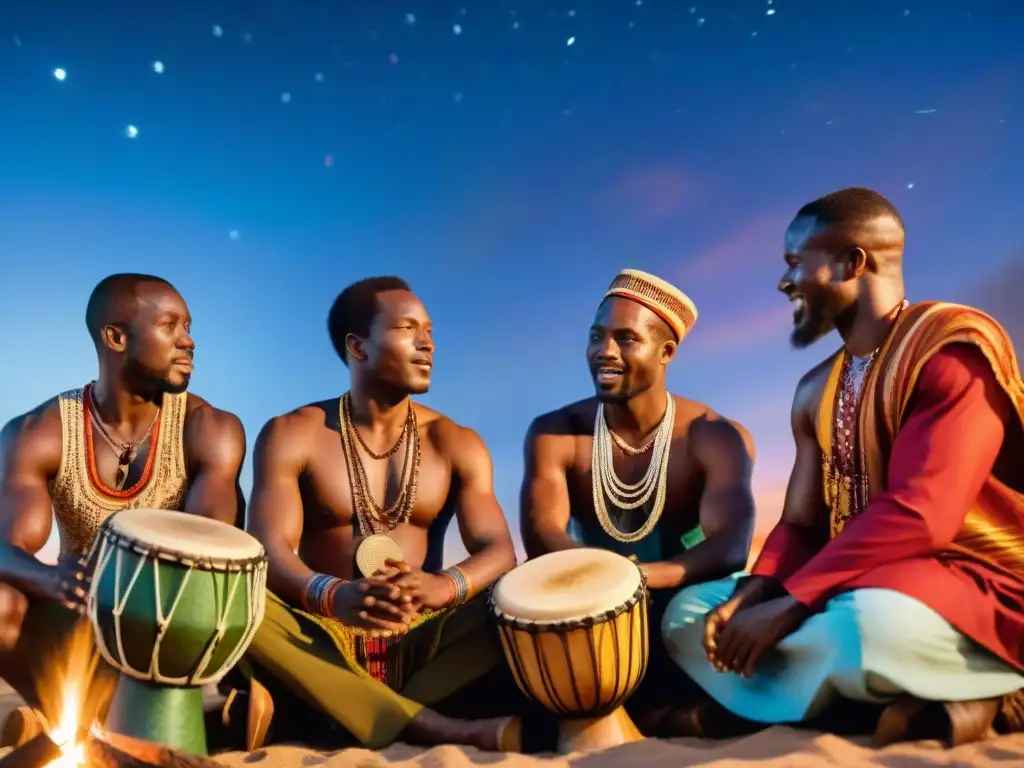 Grupo de músicos africanos alrededor de una fogata, tocando instrumentos tradicionales bajo un cielo estrellado