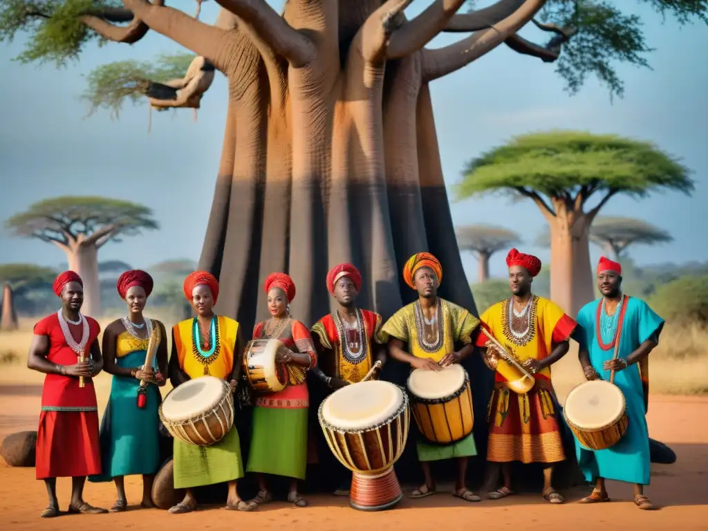 Un grupo de músicos africanos hábiles toca instrumentos tradicionales bajo un baobab, cautivando a una diversa audiencia