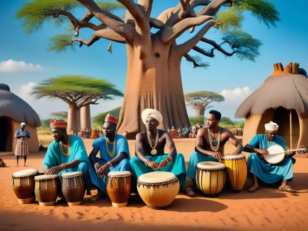 Grupo de músicos africanos tocando bajo baobab, reflejando la influencia global de la música africana