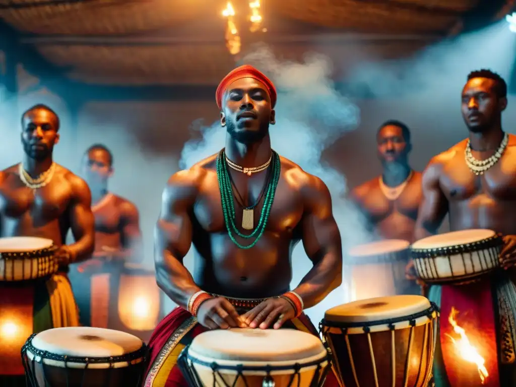 Un grupo de músicos africanos inmersos en el poder de los tambores africanos, tocando con pasión en un espacio ceremonial iluminado por velas