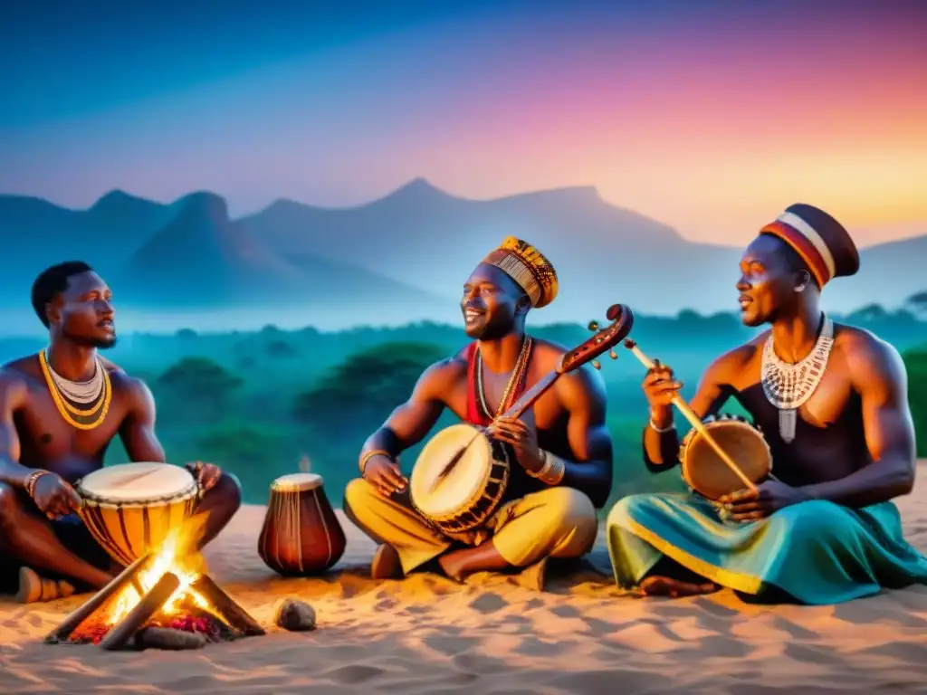 Un grupo de músicos africanos tocando instrumentos tradicionales bajo un cielo estrellado, iluminados por una fogata, fusionando la música africana ancestral con la tecnología contemporánea