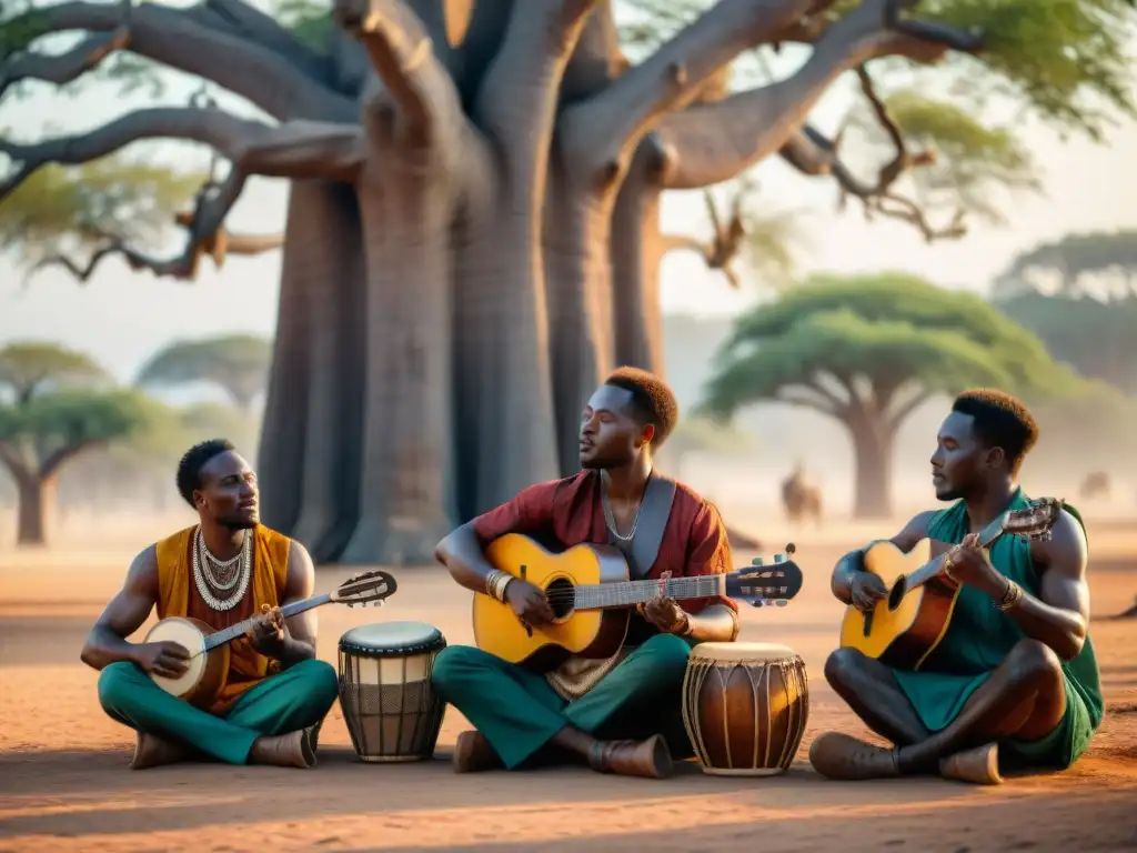 Un grupo de músicos africanos tocando instrumentos tradicionales bajo un baobab, simbolizando la riqueza de las danzas tradicionales africanas