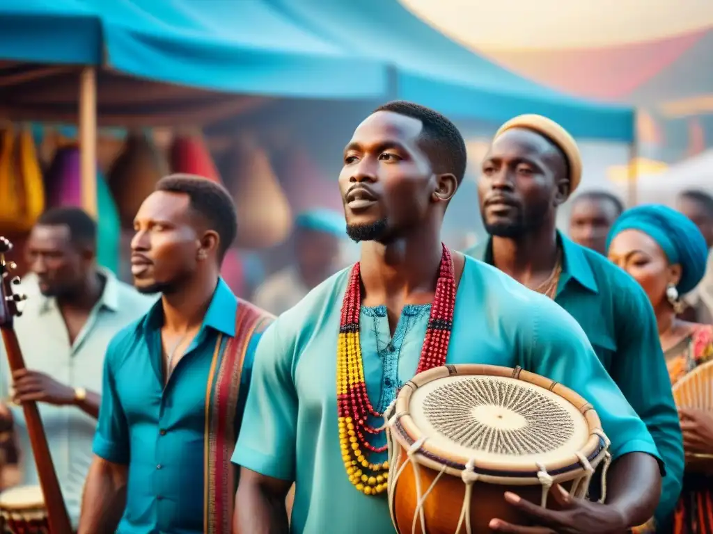 Grupo de músicos africanos tocando instrumentos tradicionales y cantando en un vibrante mercado