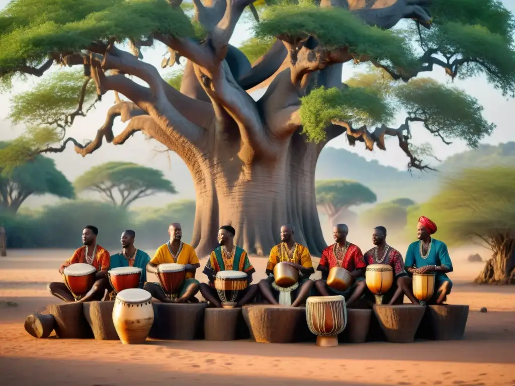 Un grupo de músicos africanos tocando instrumentos tradicionales bajo un baobab, creando melodías llenas de pasión