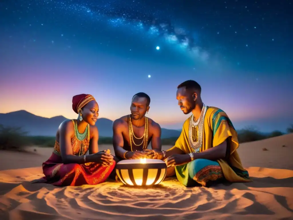 Grupo de músicos africanos tocando instrumentos tradicionales bajo el cielo estrellado, iluminados por el resplandor de una suave hoguera