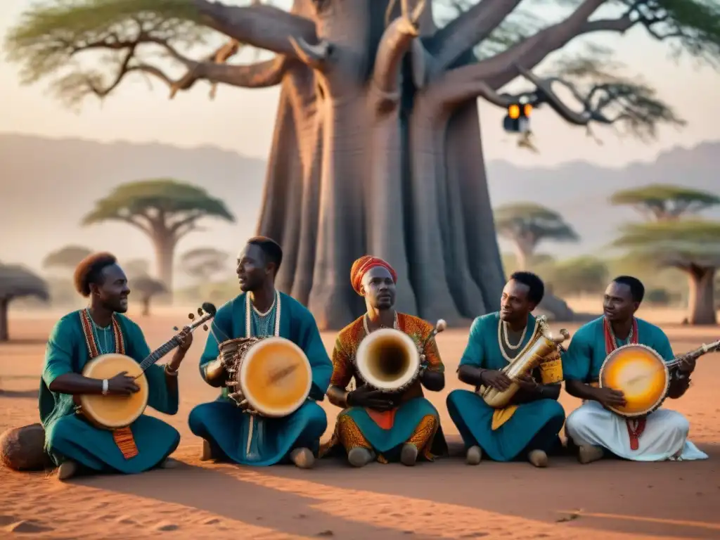 Un grupo de músicos africanos toca instrumentos sagrados bajo un baobab al atardecer, con una cálida luz