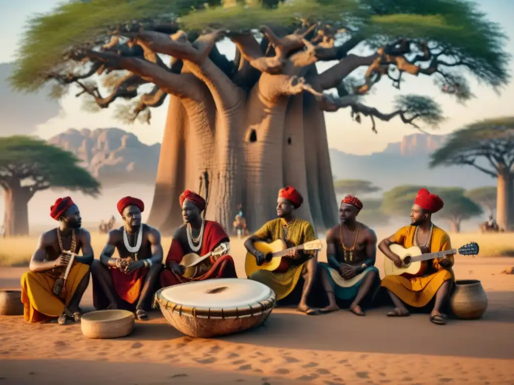 Grupo de músicos africanos tocando instrumentos sagrados bajo un baobab al atardecer