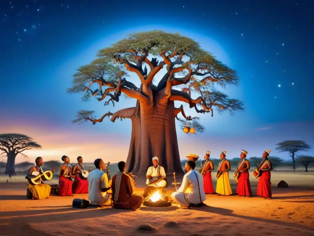 Grupo de músicos africanos tocando instrumentos sagrados bajo un cielo estrellado, junto a un baobab ancestral