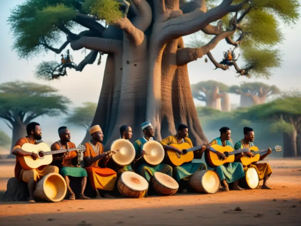 Grupo de músicos africanos tocando instrumentos tradicionales bajo un Baobab, con música sagrada en África