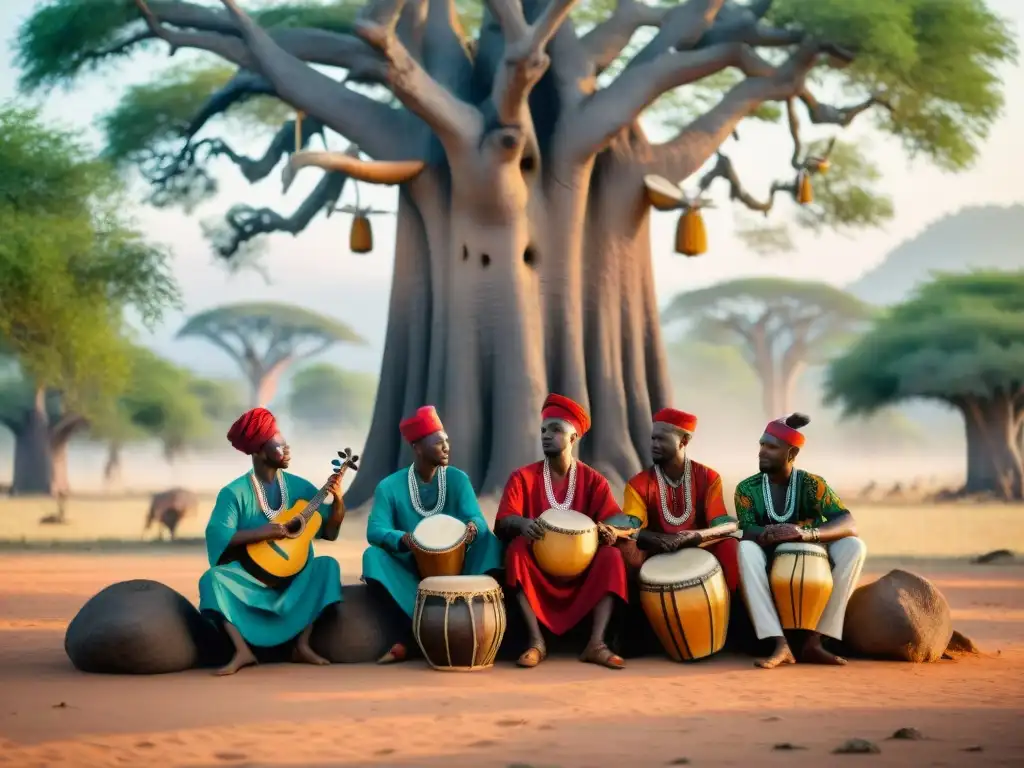 Grupo de músicos africanos tocando instrumentos sagrados bajo un baobab, reflejando la esencia de la música sagrada en África