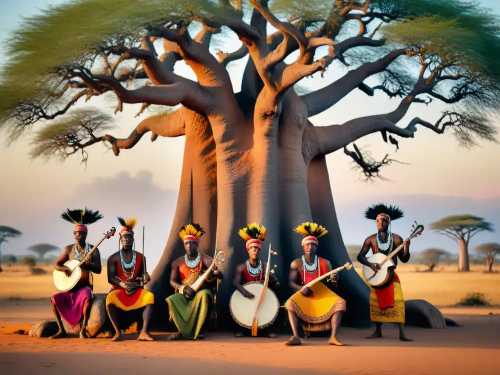 Grupo de músicos africanos tocan instrumentos tradicionales bajo un baobab al atardecer
