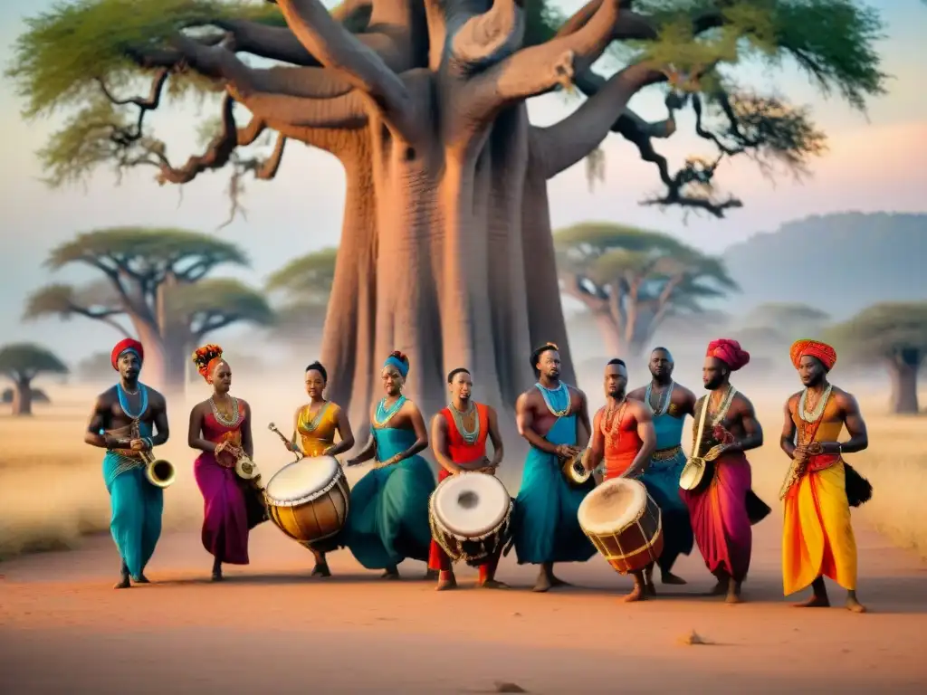 Un grupo de músicos africanos toca instrumentos tradicionales bajo un baobab, rodeados de bailarines vibrantes en trajes coloridos