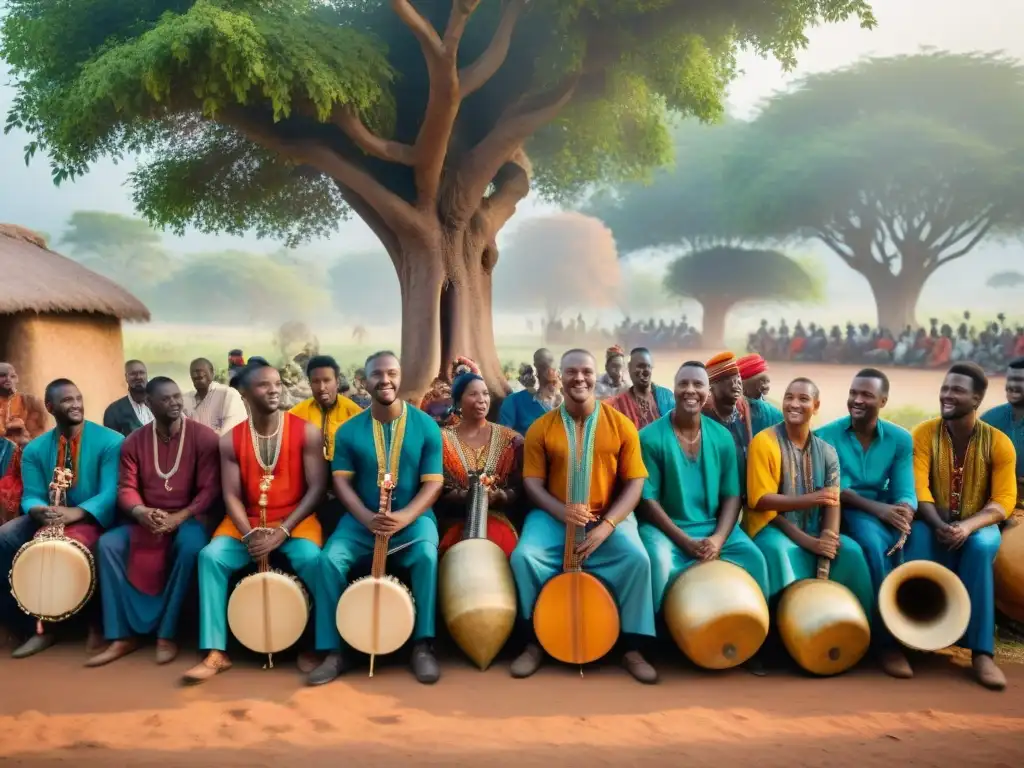 Un grupo de músicos africanos toca instrumentos tradicionales bajo un árbol, en una aldea rural