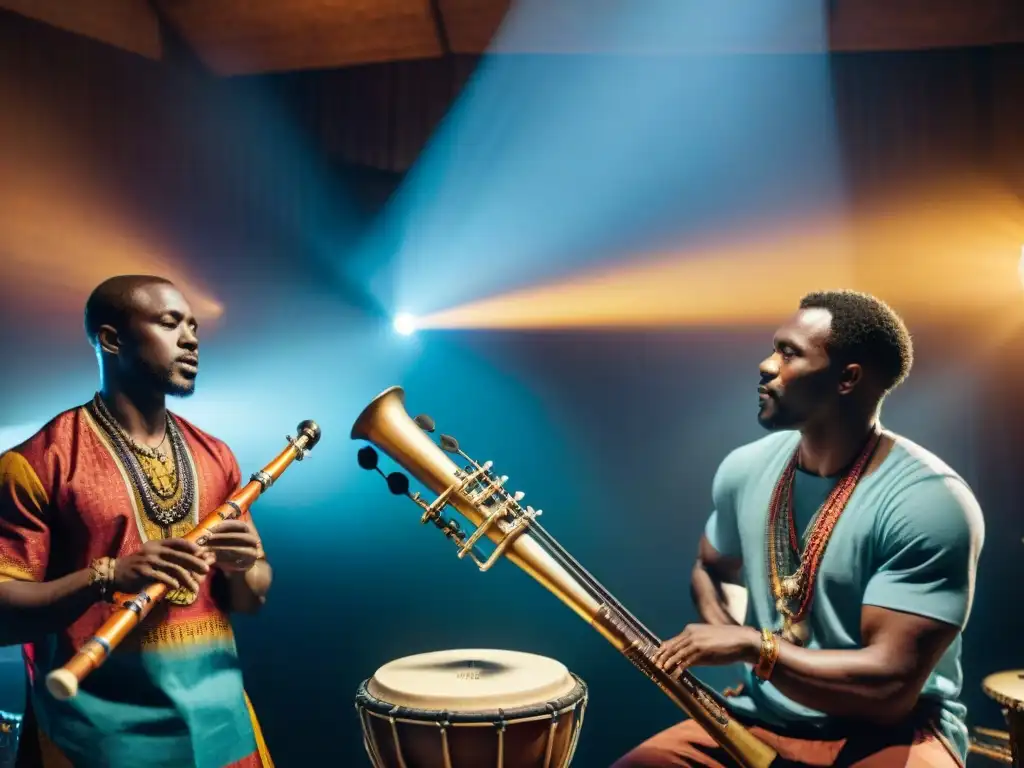 Un grupo de músicos africanos toca instrumentos tradicionales en un estudio iluminado, fusionando música tradicional africana con tecnología digital