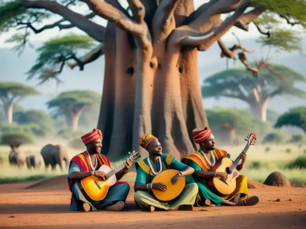 Un grupo de músicos africanos tocan instrumentos tradicionales bajo un baobab, rodeados de un paisaje verde exuberante