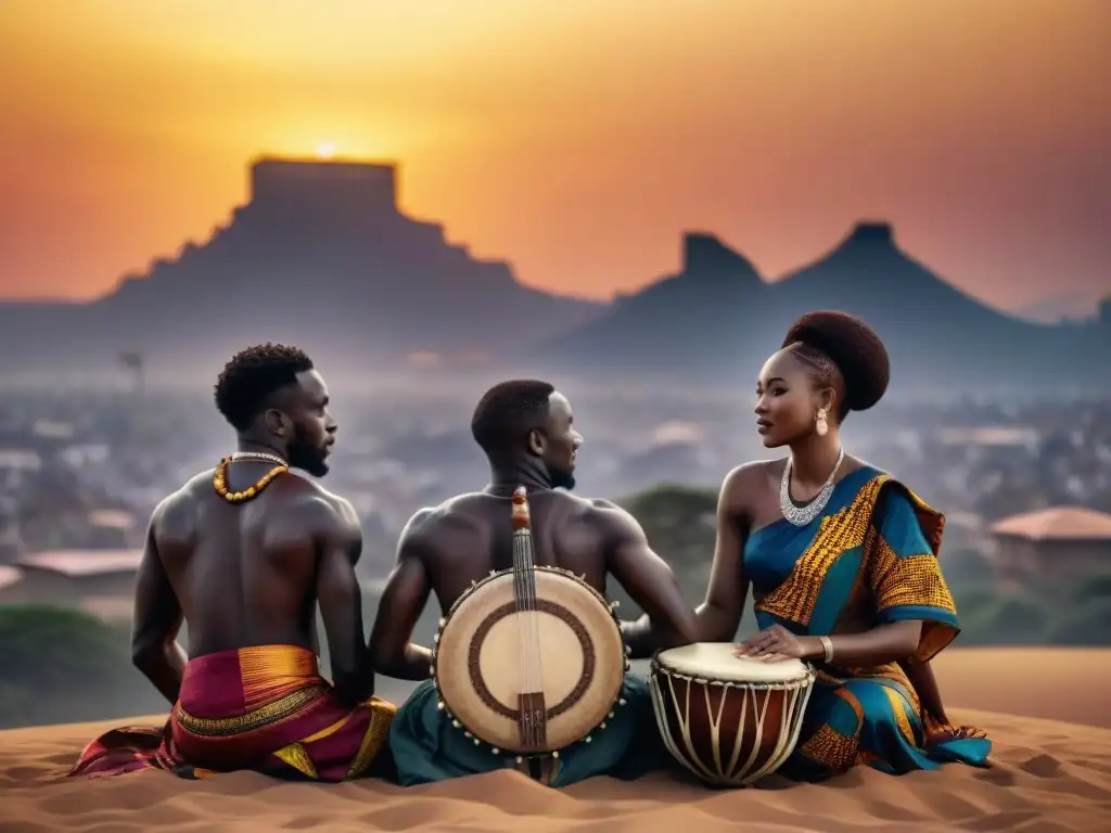 Grupo de músicos africanos tocando instrumentos tradicionales bajo un vibrante atardecer, con una ciudad de fondo