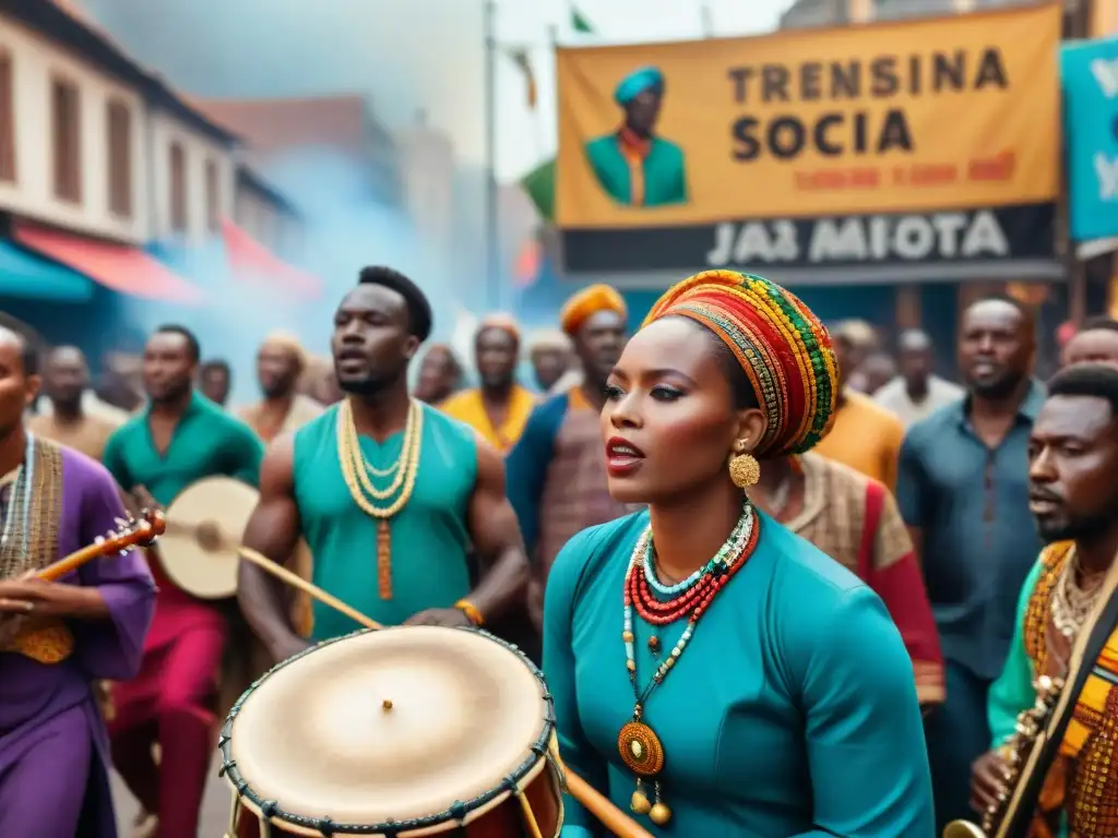 Grupo de músicos africanos tocando instrumentos tradicionales con pasión en la calle de una ciudad bulliciosa, rodeados de carteles de protesta coloridos y una multitud diversa