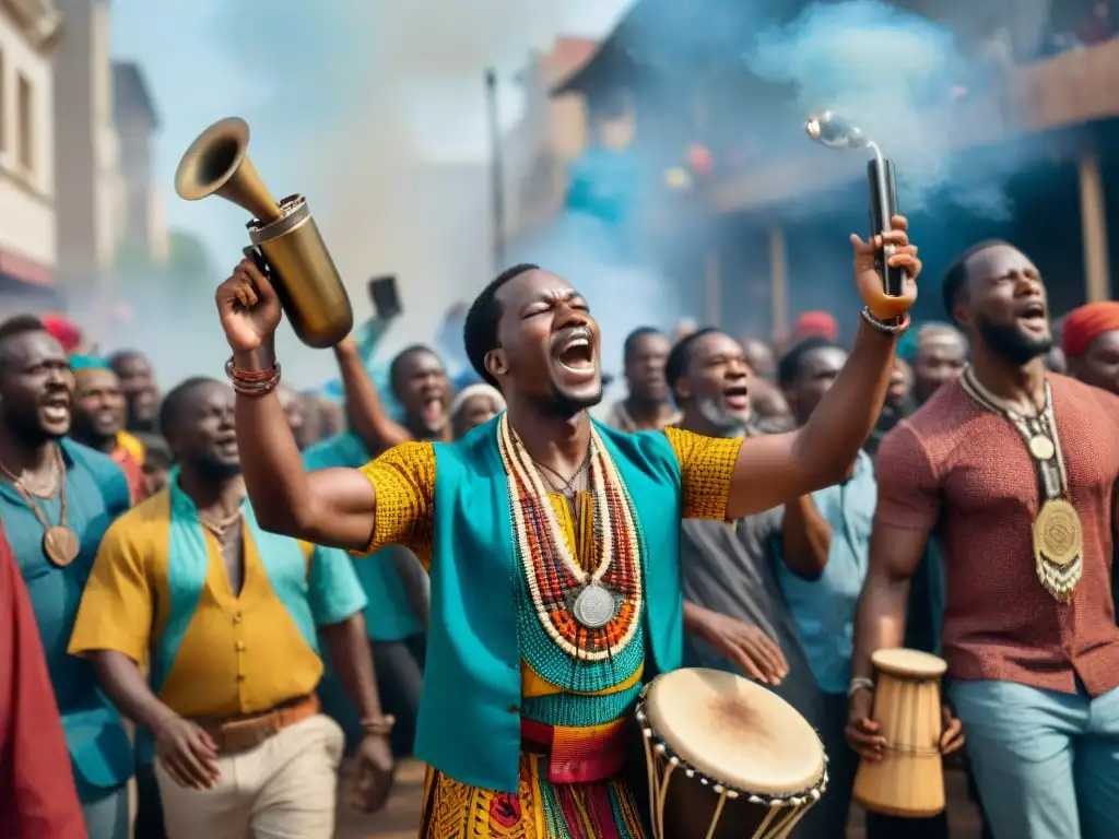 Un grupo de músicos africanos tocando instrumentos tradicionales y cantando apasionadamente en una protesta, rodeados de una multitud diversa con mensajes de justicia social y unidad