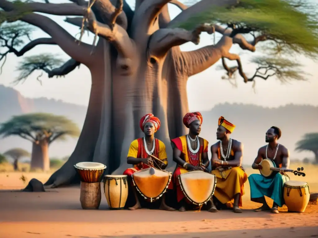 Grupo de músicos africanos tocando instrumentos tradicionales bajo un baobab al atardecer