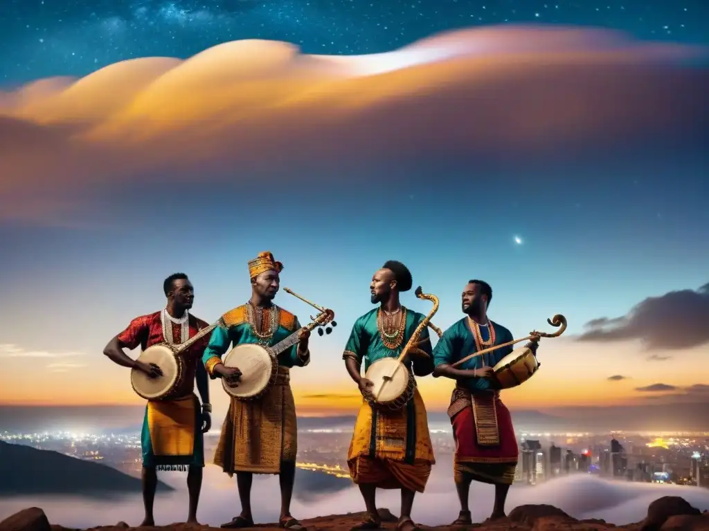 Grupo de músicos africanos tocando instrumentos tradicionales bajo un cielo estrellado, con una ciudad en silueta al fondo