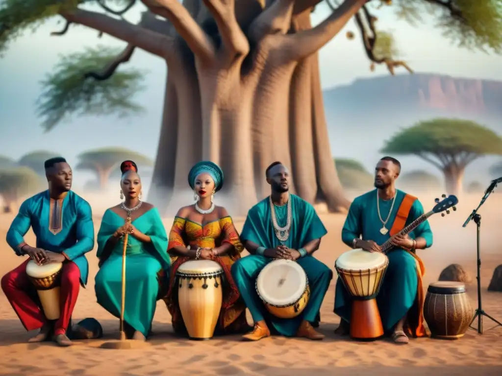 Grupo de músicos africanos tocando instrumentos tradicionales y modernos bajo un baobab