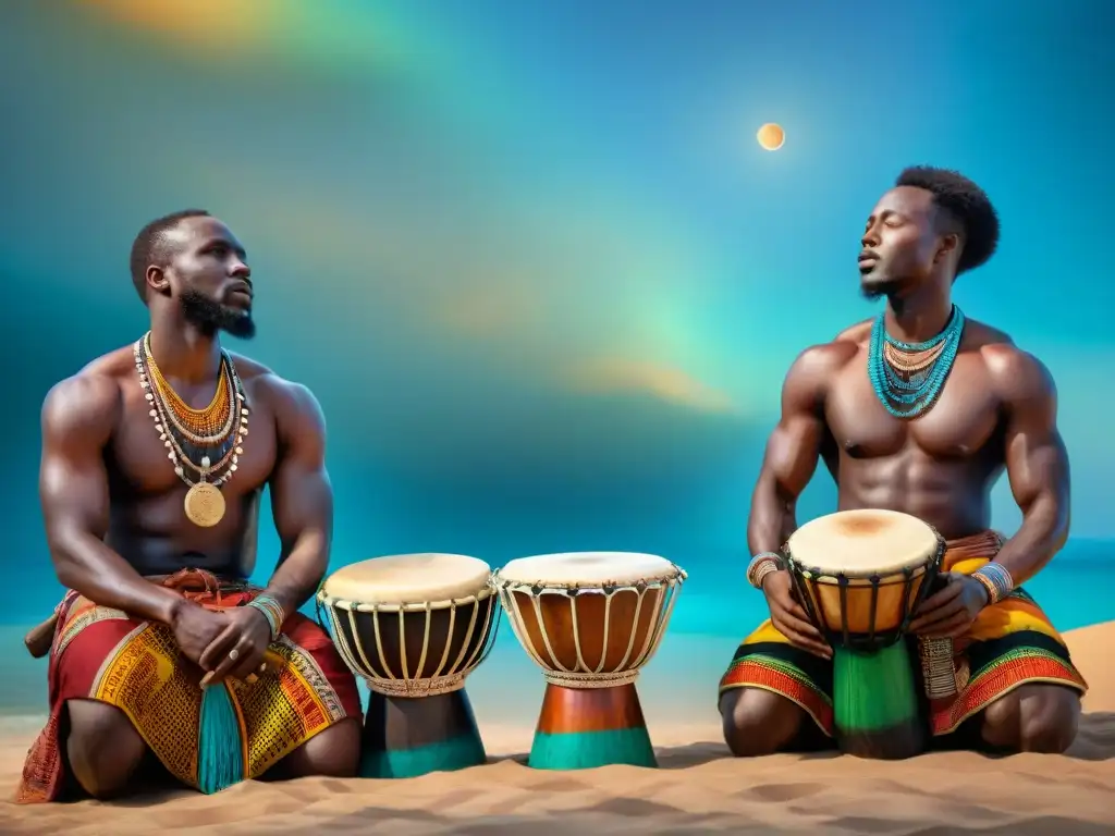 Grupo de músicos africanos con instrumentos tradicionales, vistiendo trajes coloridos